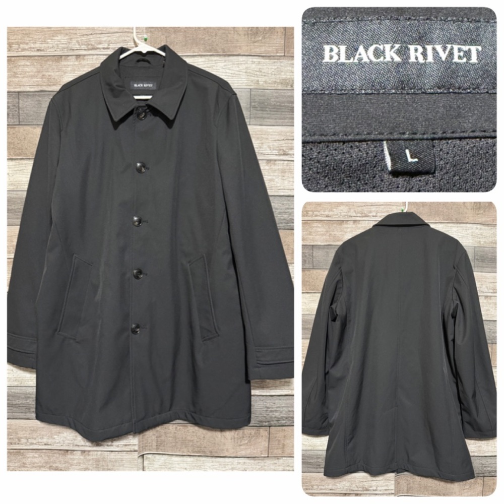 Black Rivet Overcoat Men’s L Black Full Zip Button Front Polyester Blend